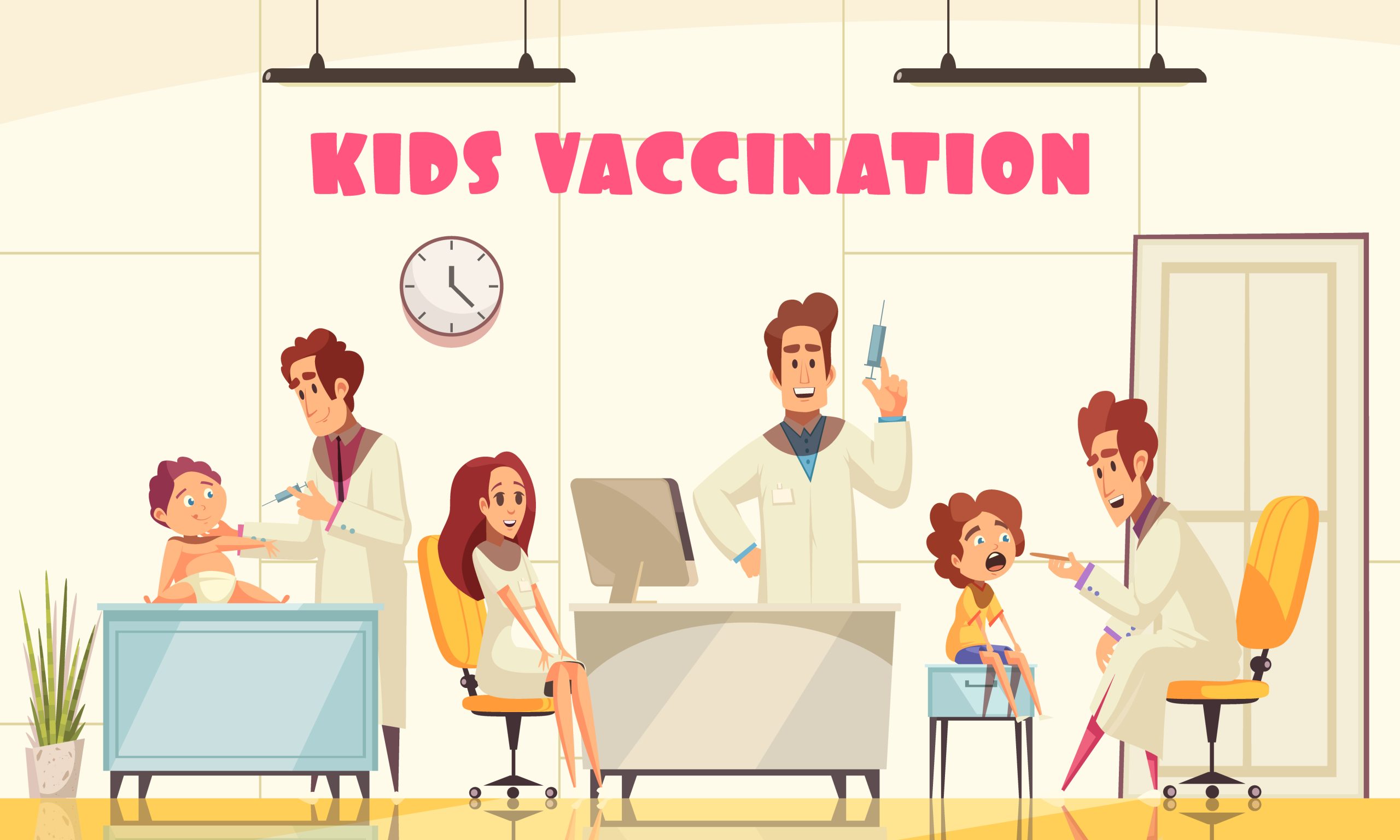 Kids Vaccination Poster Kids vaccination poster illustrated how medical staff vaccinates young patients in clinic flat vector illustration